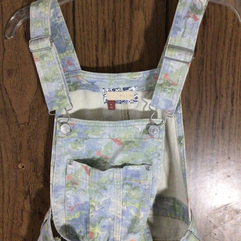 Pilcro x Anthropologie Cut-Off Short Overalls In Blue Motif Women's - Picture 2 of 5